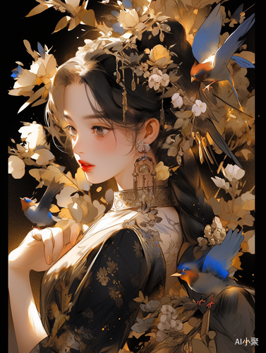 东方鸟仙美少女，梦幻金色花园，抽象插画