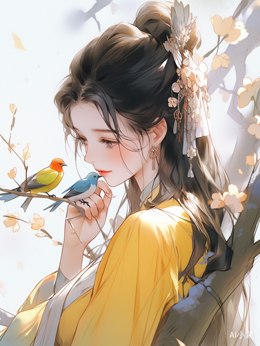 东方鸟仙美少女，梦幻金色花园，抽象插画