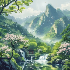 山，河流，花朵，绿树，春意盎然，美景，中国插画风，超高清