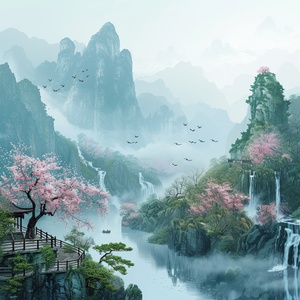 山，河流，花朵，绿树，春意盎然，美景，中国插画风，超高清