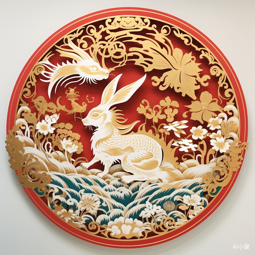 Chinese Traditional Paper-cut with Golden Dragon and White Rabbit