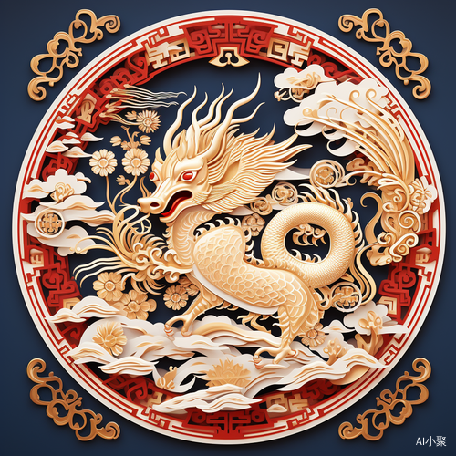 Chinese Traditional Paper-cut with Golden Dragon and White Rabbit