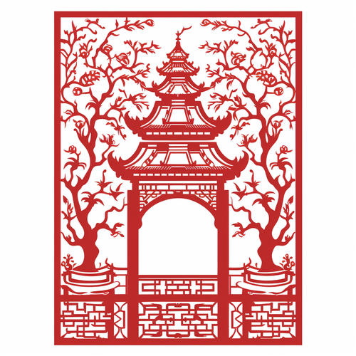 极简中国剪纸大红色窗花图案