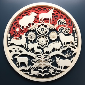 Minimalist Chinese paper-cutting circular artwork features three sheep looking up at the sun and five bats descending from the sky, all surrounded by various auspicious and beautiful patterns. Incorporating the traditional Chinese painting style, the artwork boasts smooth lines, exquisite craftsmanship, and intricate hollow-out designs. The circular composition completes the harmonious and beautiful piece.