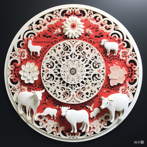 Minimalist Chinese paper-cutting artwork with sheep, bats, and auspicious patterns