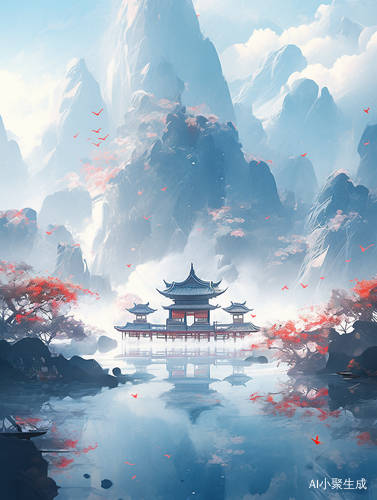 蓝色抽象的山水风景与禅宗建筑