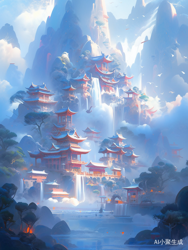 蓝色抽象的山水风景与禅宗建筑