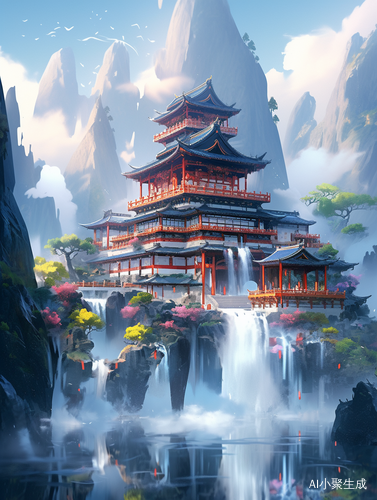 蓝色抽象的山水风景与禅宗建筑