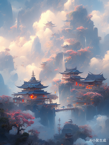 蓝色抽象的山水风景与禅宗建筑