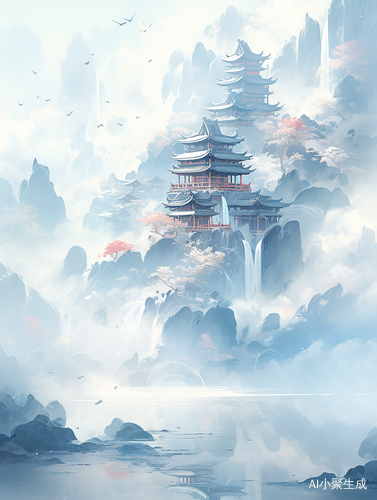 蓝色抽象的山水风景与禅宗建筑