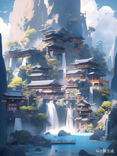 蓝色抽象的山水风景与禅宗建筑