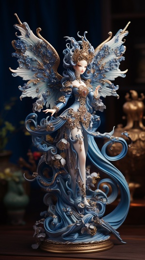 Meticulously Designed Chinese Woman Figurine with Blue Wings