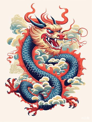 Cute Chinese Dragon Graphic Design with American Mid-century Influences