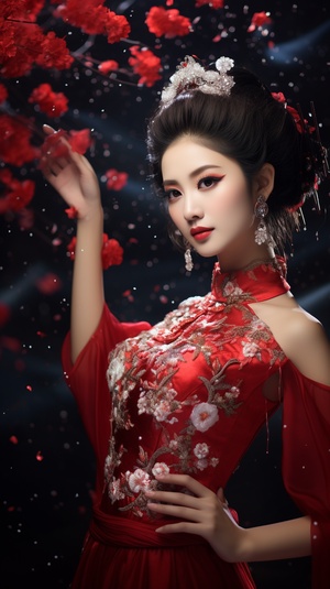 穿着新年装的美女，高清画质，俊美容颜，正面摄影