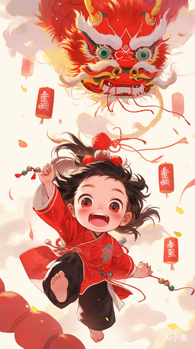 Happy Baby Dragon Taking off in Spring Festival Atmosphere