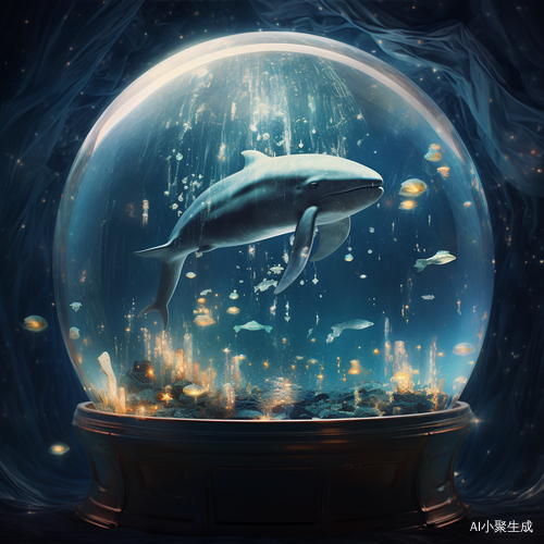水晶球中的暖色灯光下，鲸鱼与繁星共舞