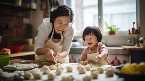 中国妈妈，40岁，在家里包饺子，厨房背景，浅景深，超高清画质画质，超级逼真细节，专业人像摄影，大师作品，逼真极致，艺术打光，最高画质，32k分辨率，photographed with a sony A 9 M 2, sigma 85 f1