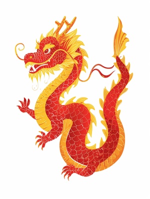 Cute Chinese dragon happy smile, graphic design, vector, color images, Chinese red and gold and sapphire blue, American Mid-century design, white background, color images, minimalist style, from pinterenst