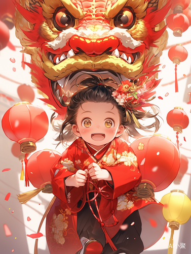 Happy Baby Dragon Taking off in Spring Festival Atmosphere