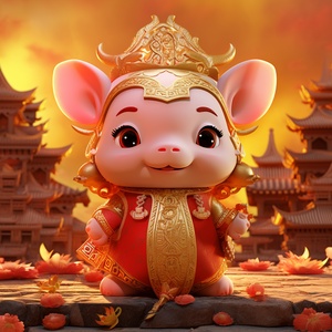 ACute pig baby,Surrounded by auspicious clouds, in the style of Classic of Mountains and Rivers, Popmart-style, full body, Wearingelaborate embroidered costumes, Red, white andgold, hair, frayed, Combined with the theme style of ancient Chinese mythology, Red background, OctaneRender, Blender, rays of shimmering light niji6