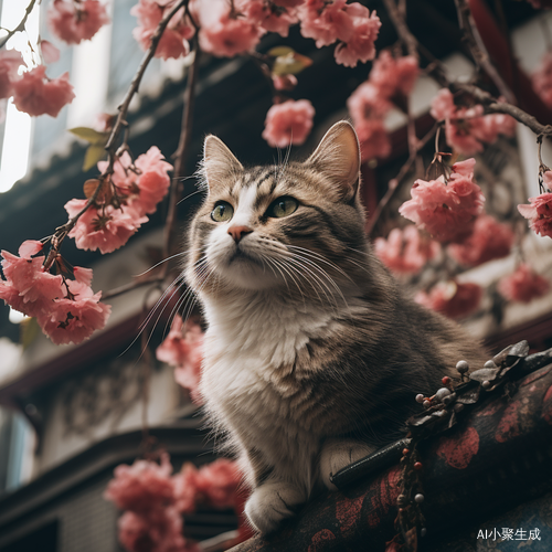 猫抬头观赏枝头红墙花