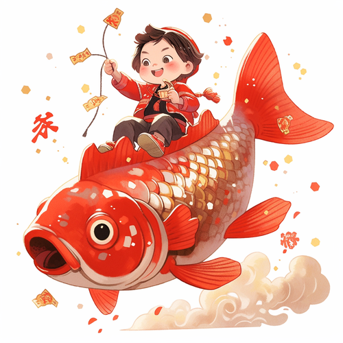 中国木版画: 可爱小男孩骑大鲤鱼，快乐的春节氛围