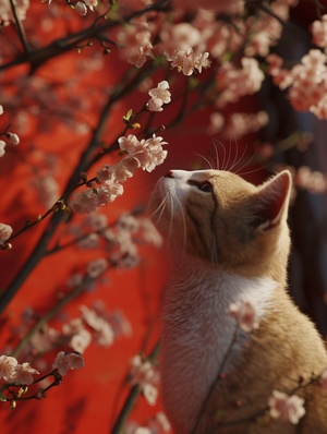 猫抬头看着枝头的花，猫在墙头，红色的墙，花及枝覆盖，人的观看着，虚幻引擎，8k，佳作，超真实