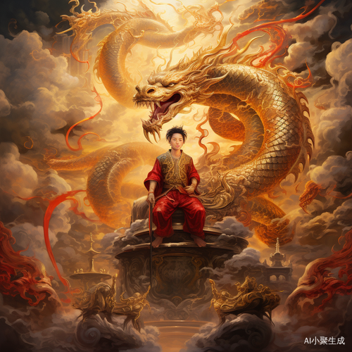 金龙腾空，散财童子踏云彩