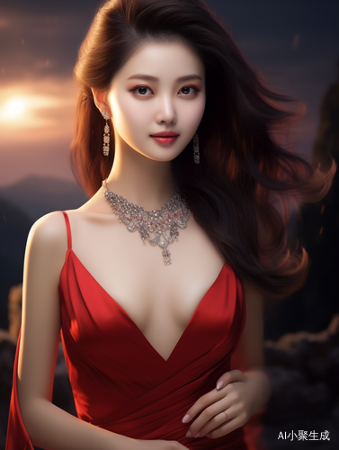 穿着红色连衣裙的中国妇女-浪漫情感风格与多重风格的光滑质感