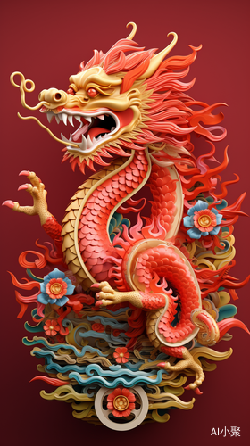 Adorable Chinese Dragon Embroidery on Pure Red Background