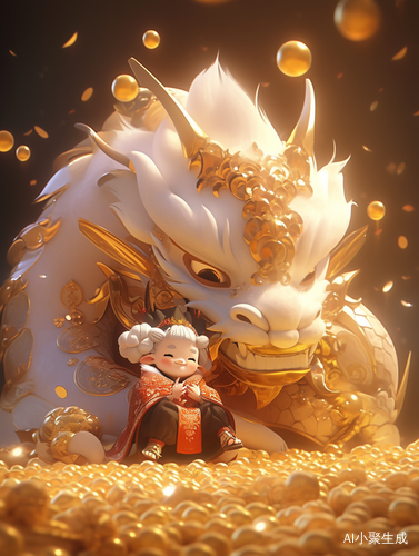 可爱中国财神和小龙的超现实主义动物插图