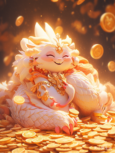 可爱中国财神和小龙的超现实主义动物插图