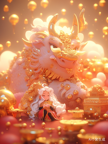 可爱中国财神和小龙的超现实主义动物插图