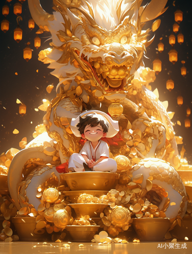 可爱中国男孩财神和小龙的超现实金色梦幻插图