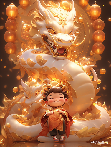 可爱中国男孩财神和小龙的超现实金色梦幻插图