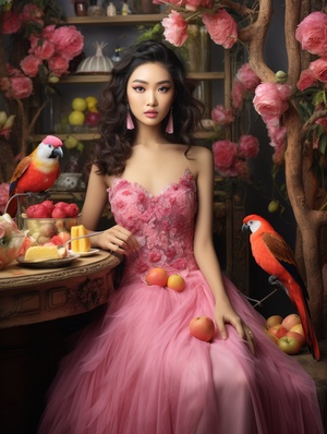 A beautiful Asian woman with super natural skin and pores, natural face hair, small wrinkles, wearing a pink plush dress with glitter crystal details, sitting by a table full of food, drinks, wine, flowers, in the back there are pink parrots, alice in wonderland style ar 4:5style rawv 6.0