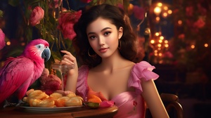 A beautiful Asian woman with super natural skin and pores, natural face hair, small wrinkles, wearing a pink plush dress with glitter crystal details, sitting by a table full of food, drinks, flowers, in the back there are pink parrots, alice in wonderland style ar 4:5style rawv 6.0