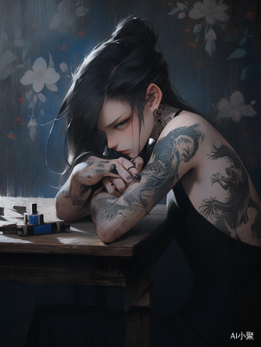 Lifelike Girl with Yuumei Style Black Tattoos and Intense Gaze at Table