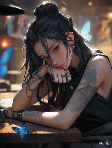 Lifelike Girl with Yuumei Style Black Tattoos and Intense Gaze at Table