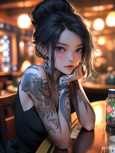 Lifelike Girl with Yuumei Style Black Tattoos and Intense Gaze at Table