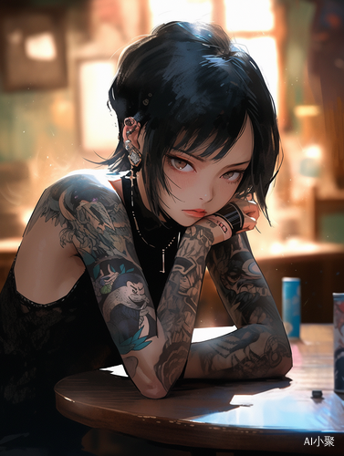 Lifelike Girl with Yuumei Style Black Tattoos and Intense Gaze at Table