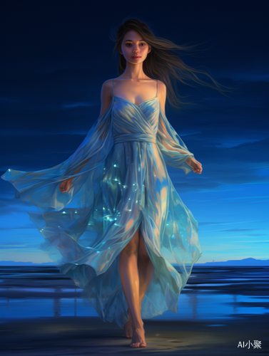 A Girl in an Aurora Borealis Dress Strolling on a Night Beach