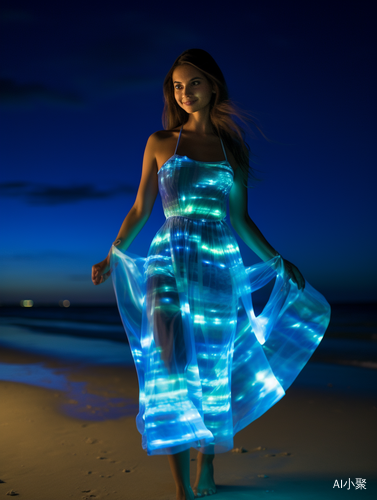 A Girl in an Aurora Borealis Dress Strolling on a Night Beach