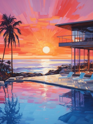 https:s.mj.runk9gYWns2WaE a view of the sunset over a pool and ocean, in the style of public art, traditional vietnamese, 32k uhd, light red and purple, candid moments captured, bold and busy, coastal and harbor views