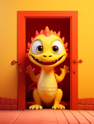 Cute Yellow Chinese Dragon Behind Red Door