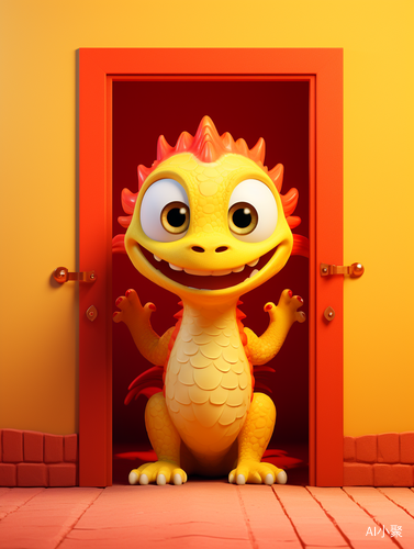 Cute Yellow Chinese Dragon Behind Red Door