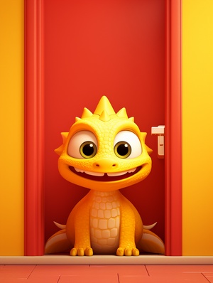 Cute Yellow Chinese Dragon Behind Red Door