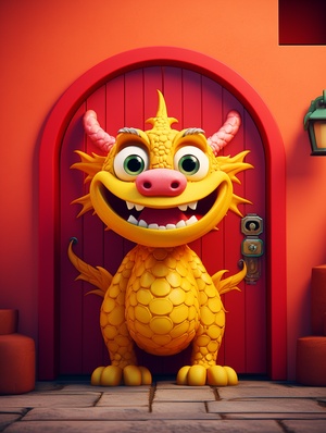 Cute Yellow Chinese Dragon Behind Red Door