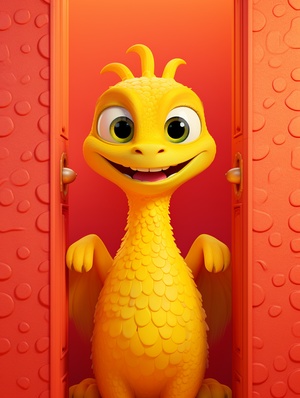 Cute Yellow Chinese Dragon Behind Red Door