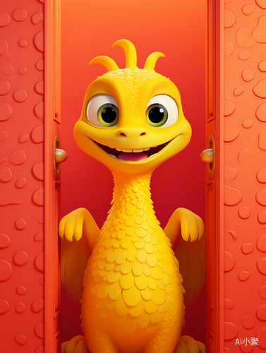 Cute Yellow Chinese Dragon Behind Red Door